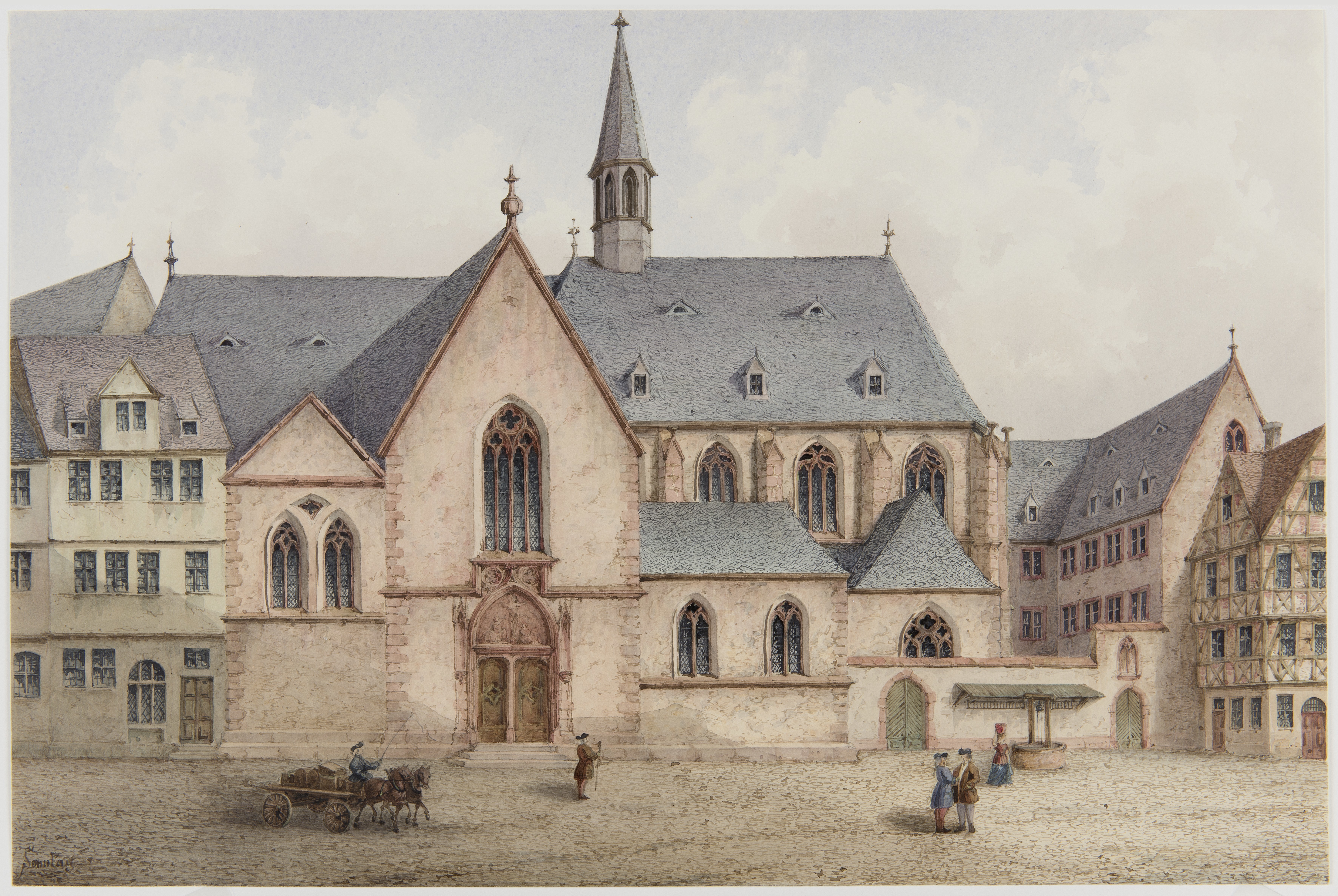 Karmeliterkloster von Süden (Alte Mainzer Gasse), Aquarell von K.E. Sonntag, 2. Hälfte 19. Jh. , Credit: © Copyright: HMF 