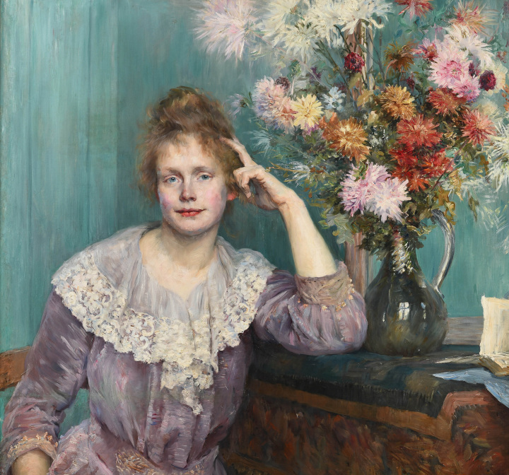 Foto: Louise Breslau (1856–1927)
Jeune femme et chrysanthèmes – Porträt von Mina Carlson-Bredberg, 1890